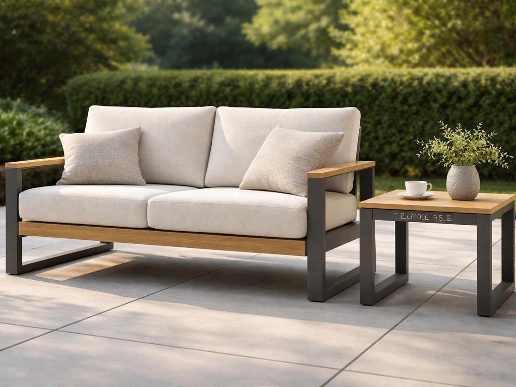 Stylish patio seating with cushions on a clean outdoor patio in bright natural light.