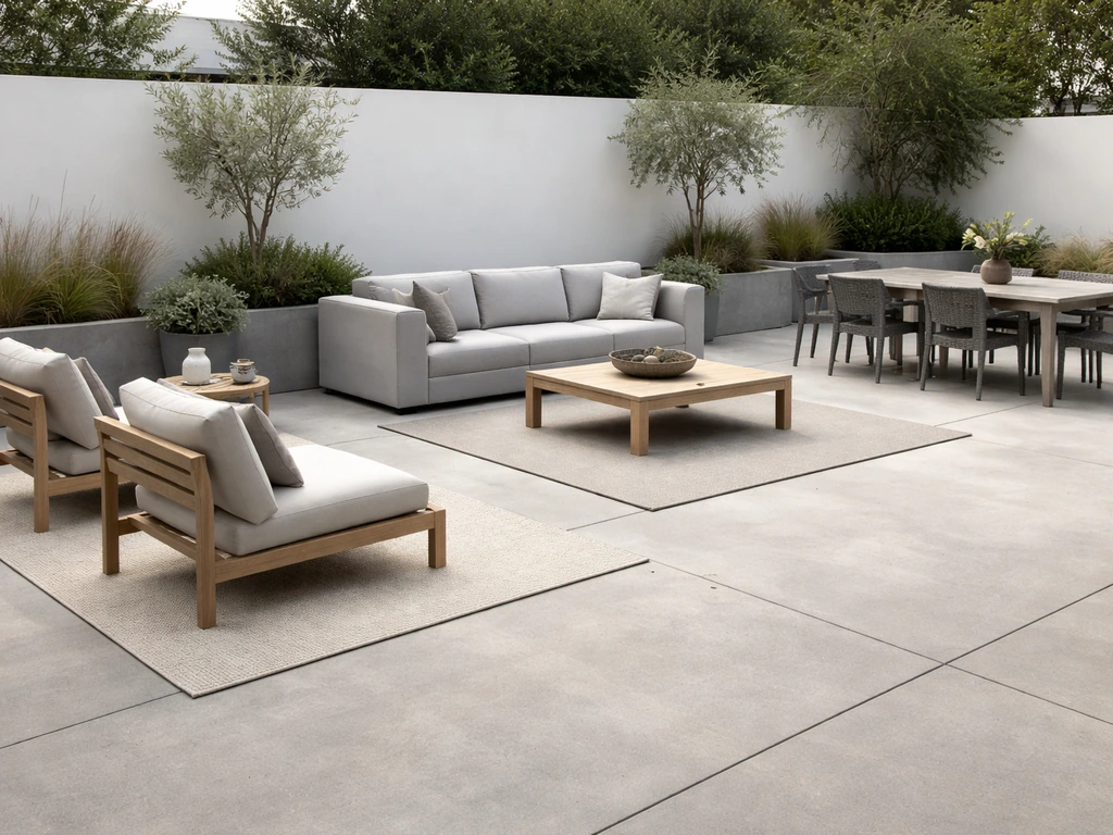 Minimal lineup of outdoor lounge, modular seating, and dining pieces in a modern patio showroom.
