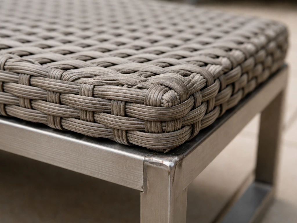 Close-up of PE polyethylene wicker strands woven over a rigid welded base on an outdoor furniture frame