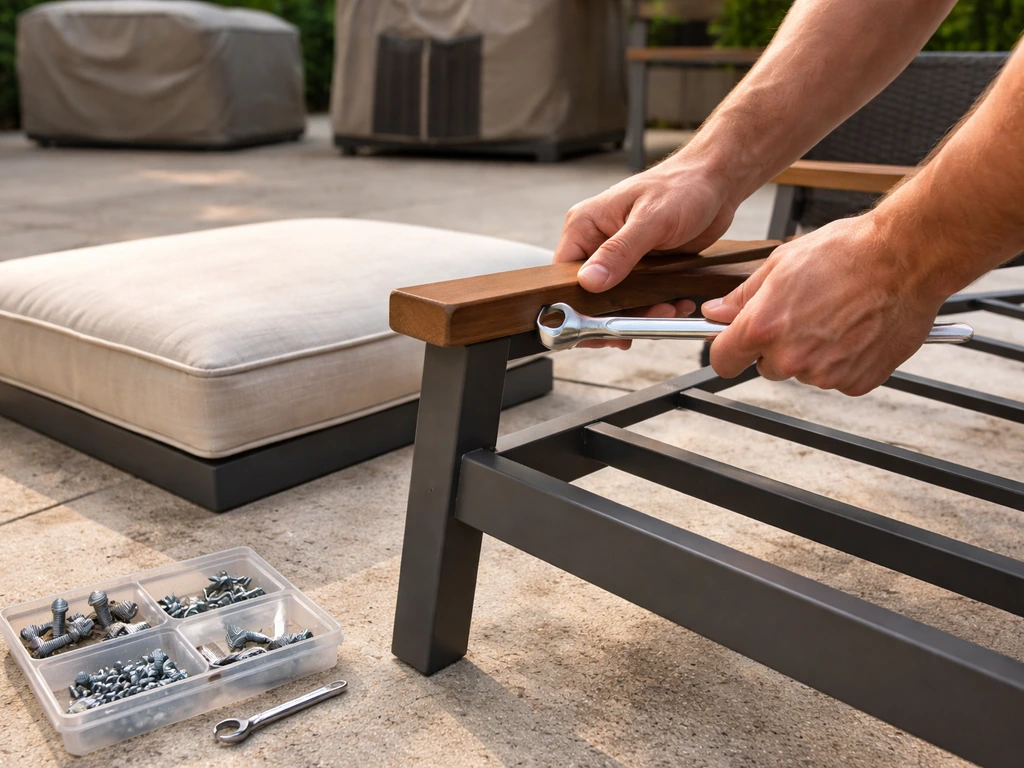 Hands assembling a patio lounge chair with wrench and fasteners on a clean outdoor patio.