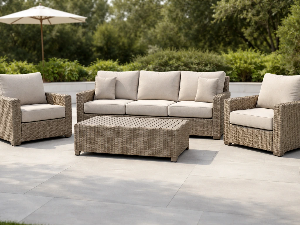 Deep-seat wicker patio sofa, loveseat, lounge chair, and coffee table with matching outdoor cushions.