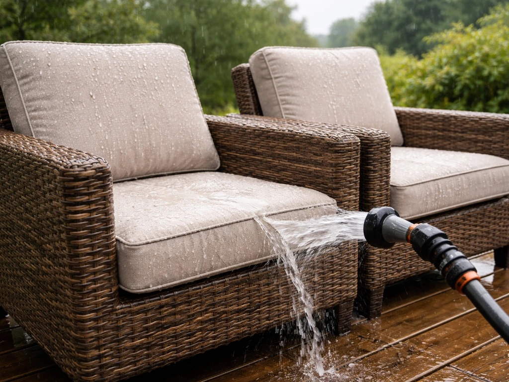 Outdoor patio chairs with rain beads on wicker and fabric, gently rinsed with a hose on a wet deck.