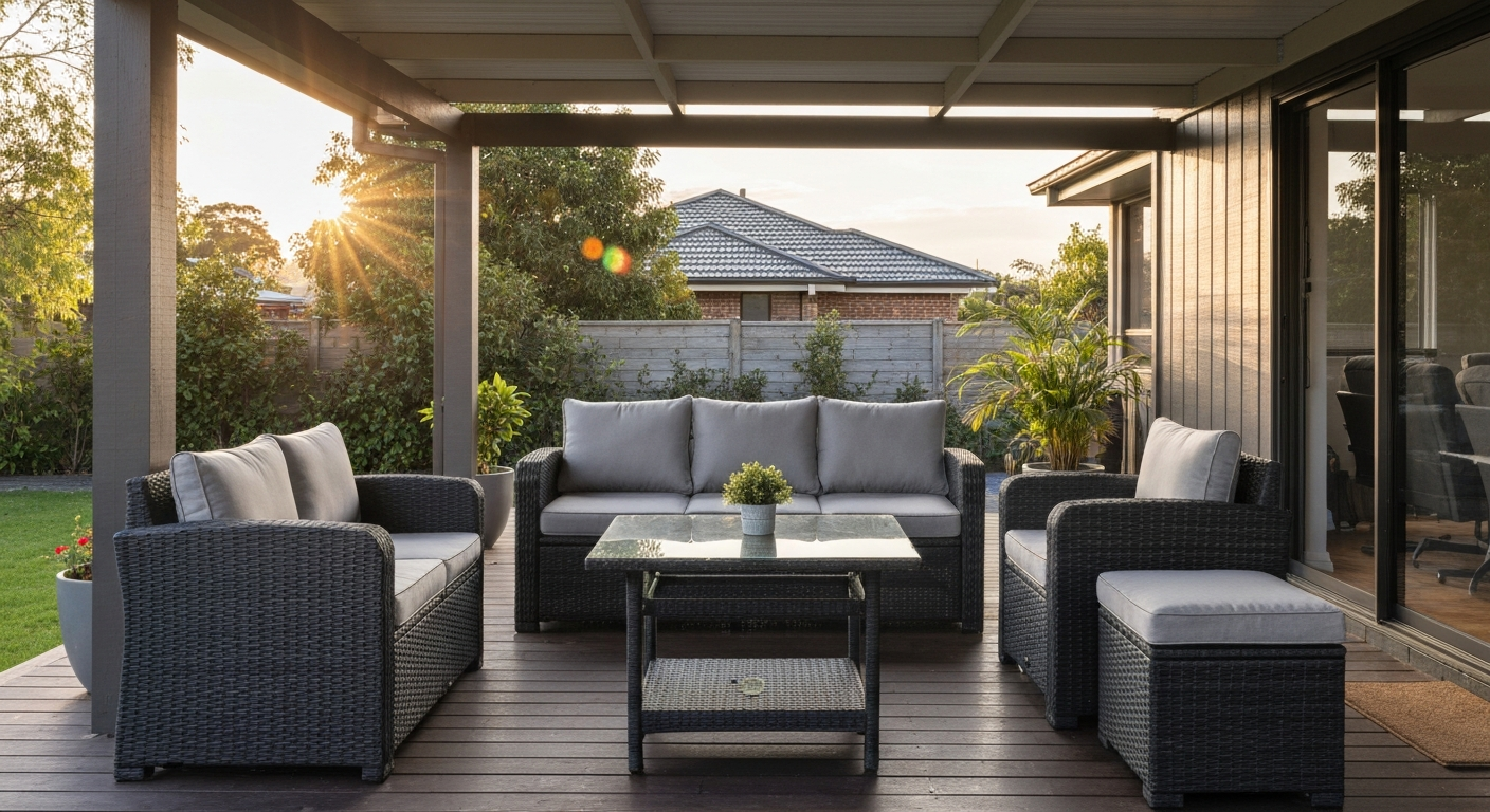 Charcoal PE wicker 5-piece patio set with neutral Sunbrella-style cushions on a covered suburban patio, late afternoon light.