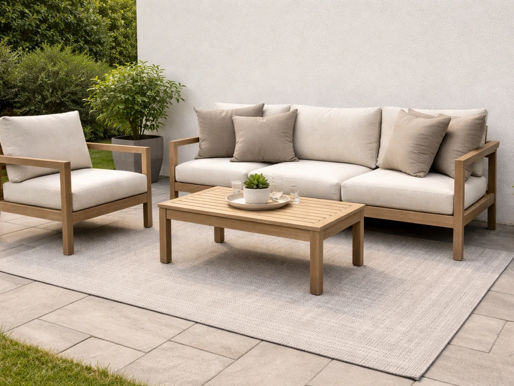 Modern neutral patio seating setup with beige cushions and small table on a stone paver patio.