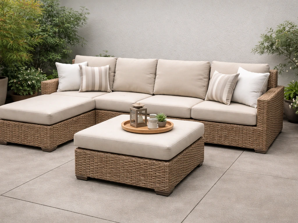 Minimal photo of a sectional patio set laid out outdoors with cushions and coffee table