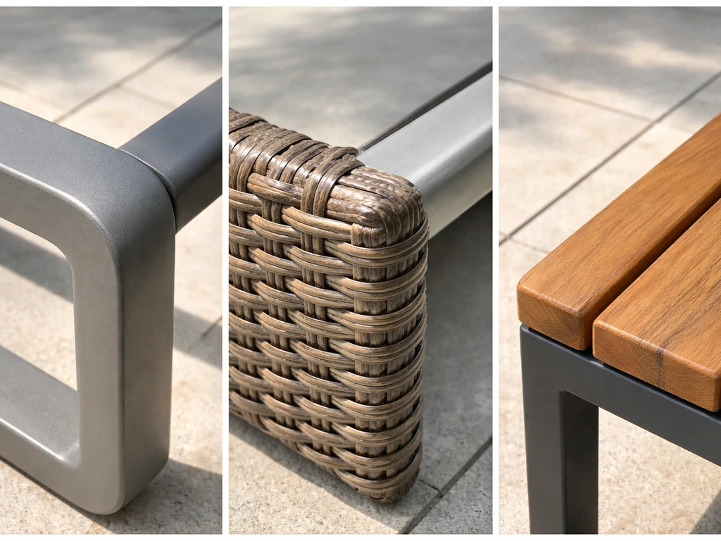 Closeups of outdoor furniture materials: cast aluminum frame, PE resin wicker weave, and acacia/teak wood slat.