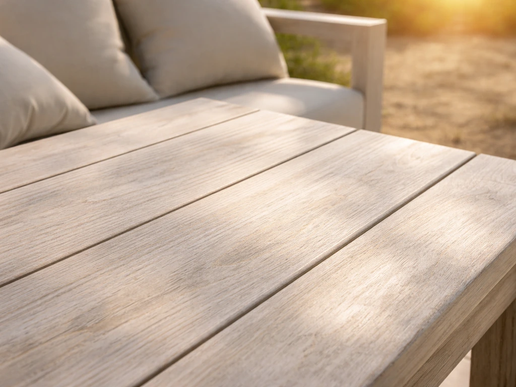 Close-up of whitewashed acacia dining wood in bright sun with hints of outdoor cushions nearby.