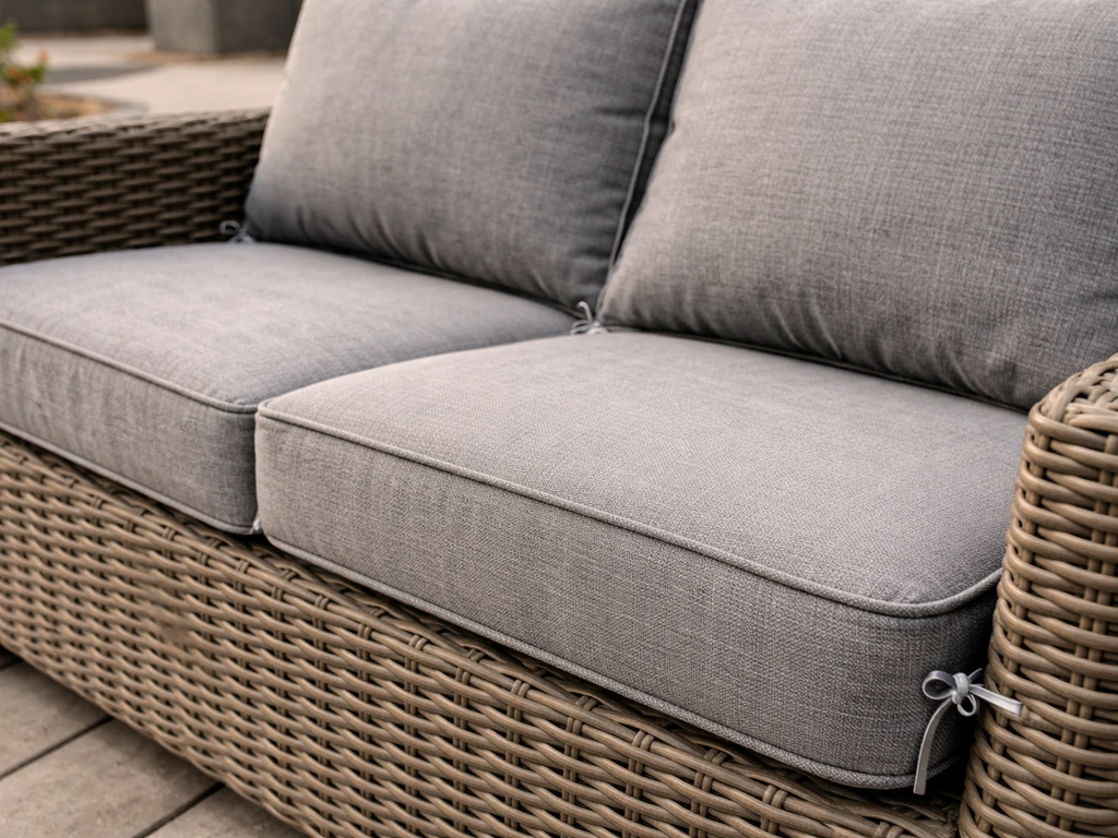 Close-up of a neutral wicker loveseat cushion set with visible 4-inch thick padding and fabric ties