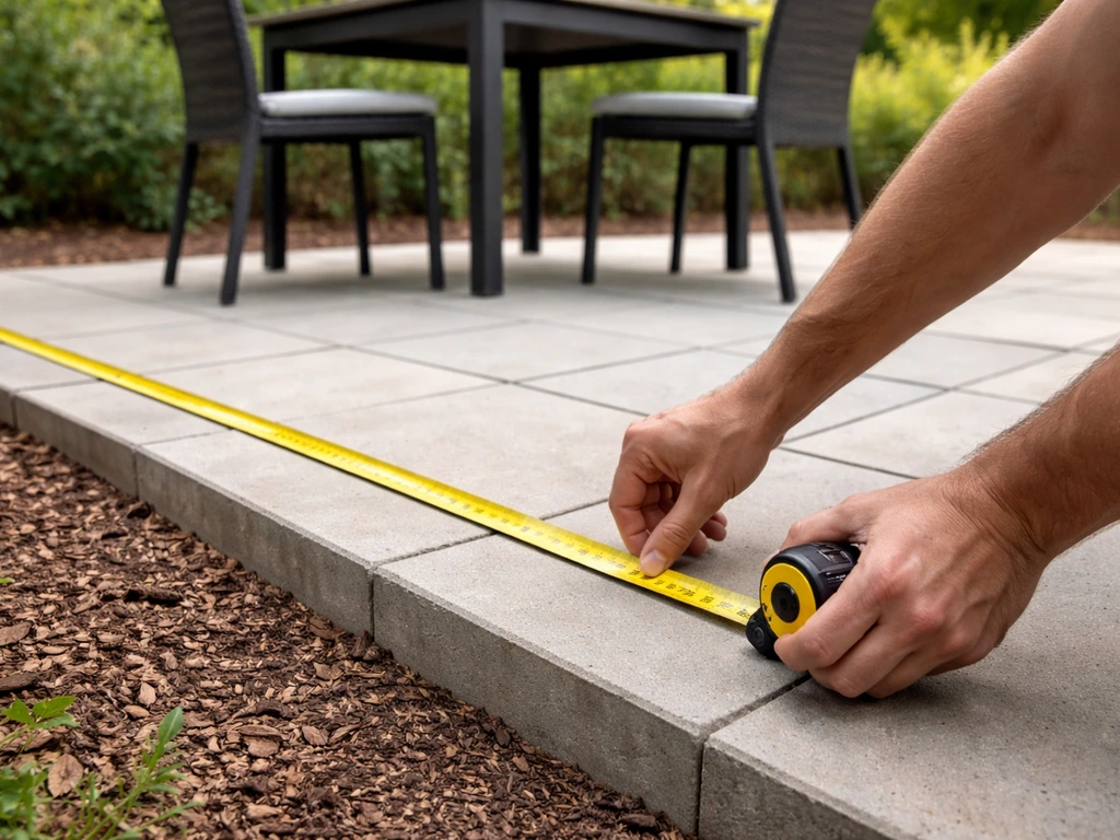 Hands using a tape measure to check patio clearance around an outdoor dining set.