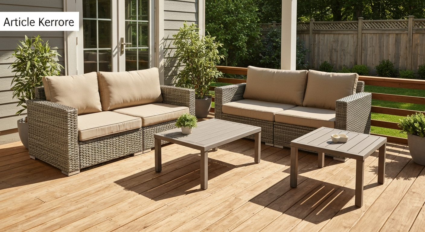 Backyard patio with a resin-wicker sofa group, Sunbrella cushions, and a polymer side table in natural daylight.