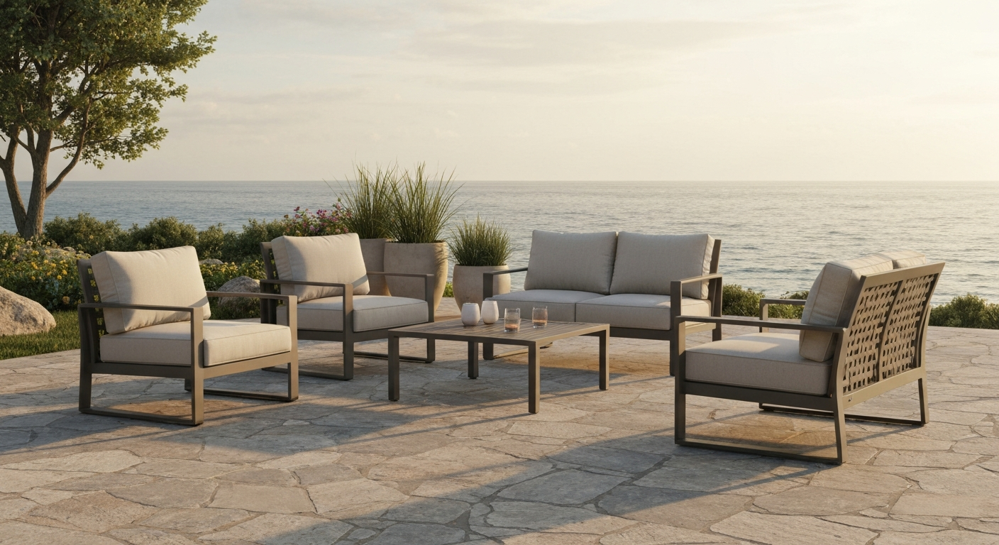 Premium non-branded aluminum patio furniture set on a coastal terrace showing welded frames, powder-coated finish, and Sunbrella-style cushions.