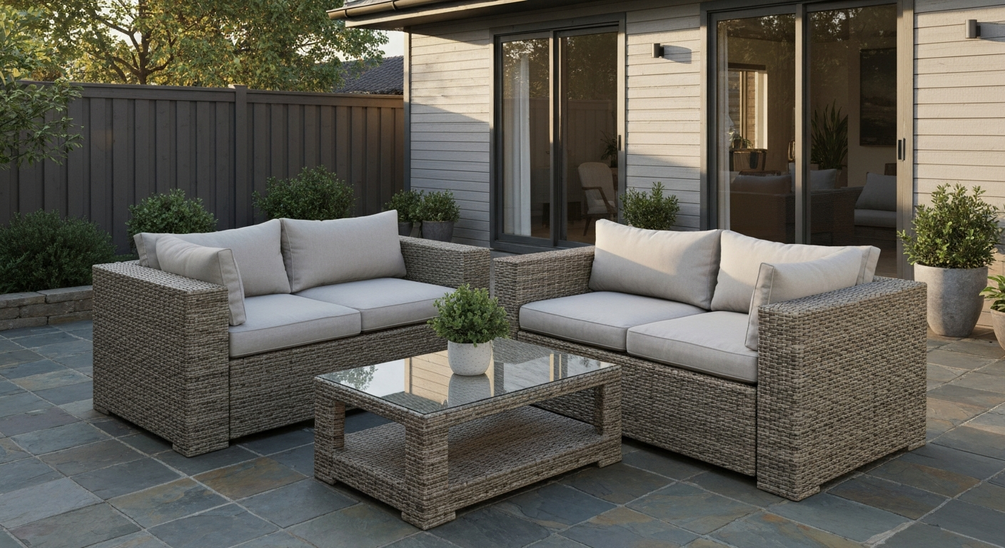 4-piece PE rattan patio conversation set on a backyard patio with neutral cushions and tempered-glass coffee table in warm afternoon light