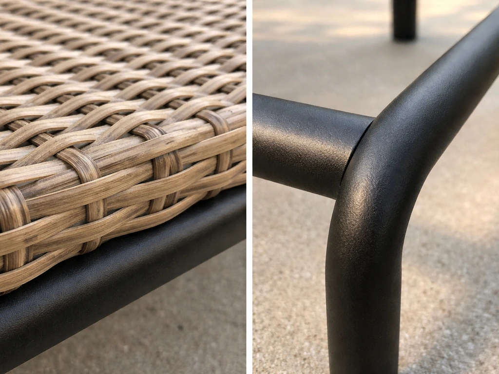 Side-by-side view of PE rattan-style wicker layered over a powder-coated steel patio frame.