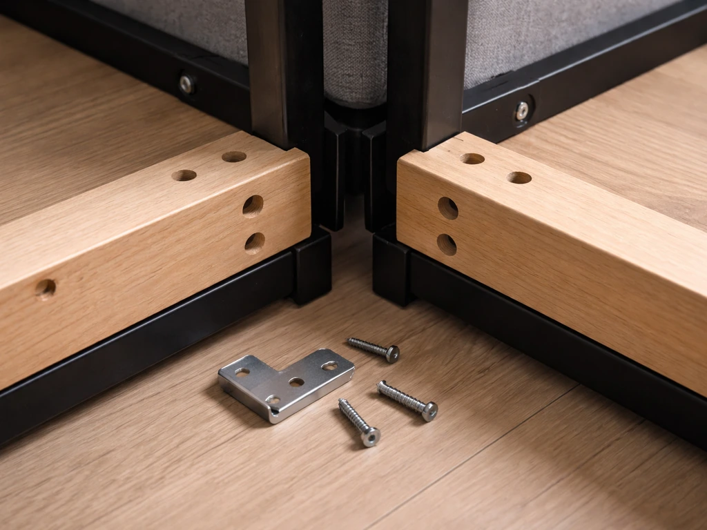 Close-up of modular sectional parts with pre-drilled screw holes misaligned at the frame connection.