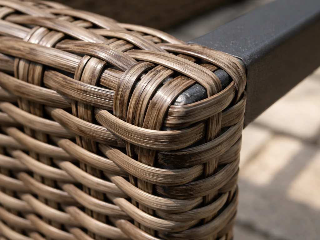 Closeup of synthetic PE rattan weave and the joint where wicker meets the powder-coated steel frame.