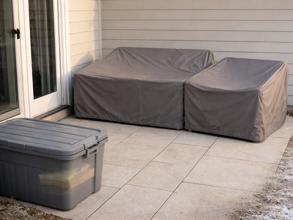 Outdoor patio furniture set covered with a fitted cover, cushions stored in a closed bin indoors.
