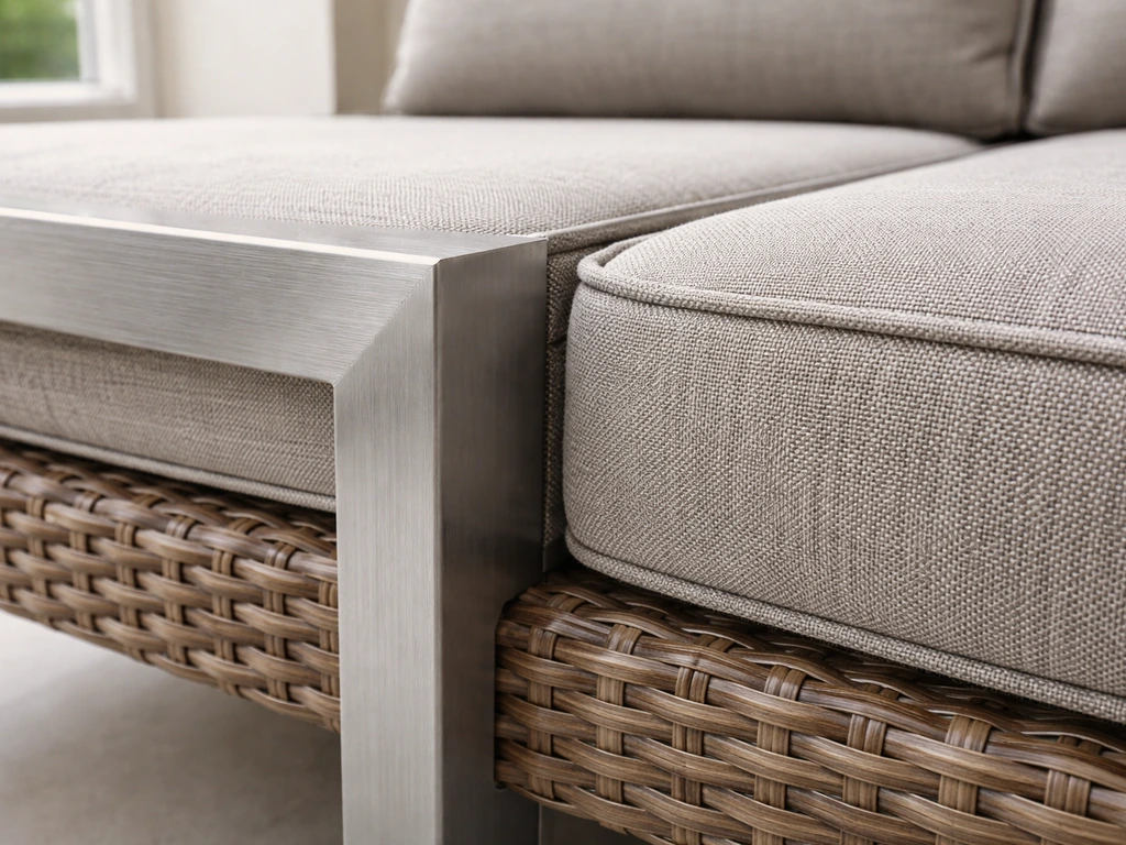 Close-up of thick-gauge aluminum frame, HDPE wicker weave, and layered outdoor cushions.