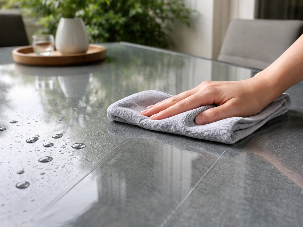 Closeup of a glass dining table top with water droplets beading and a microfiber wipe mark.