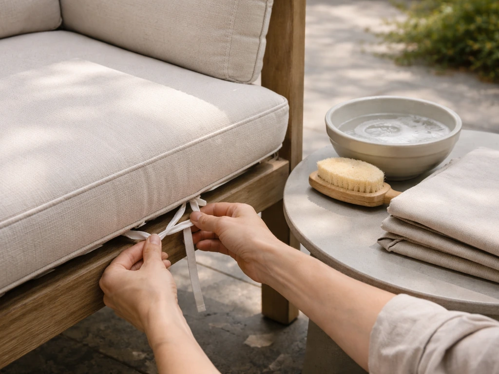 Person tying outdoor seat cushions to frame ties and rinsing Sunbrella-style covers with mild soap and water.