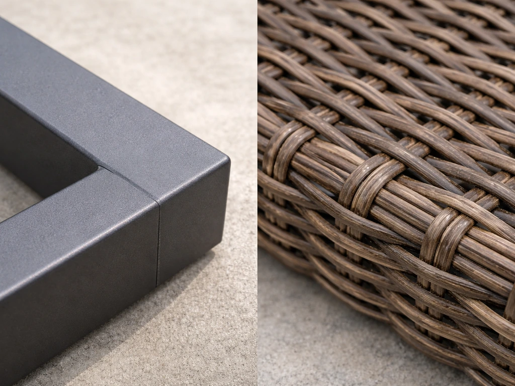 Close-up comparison of a powder-coated aluminum frame corner next to PE resin wicker weave texture.