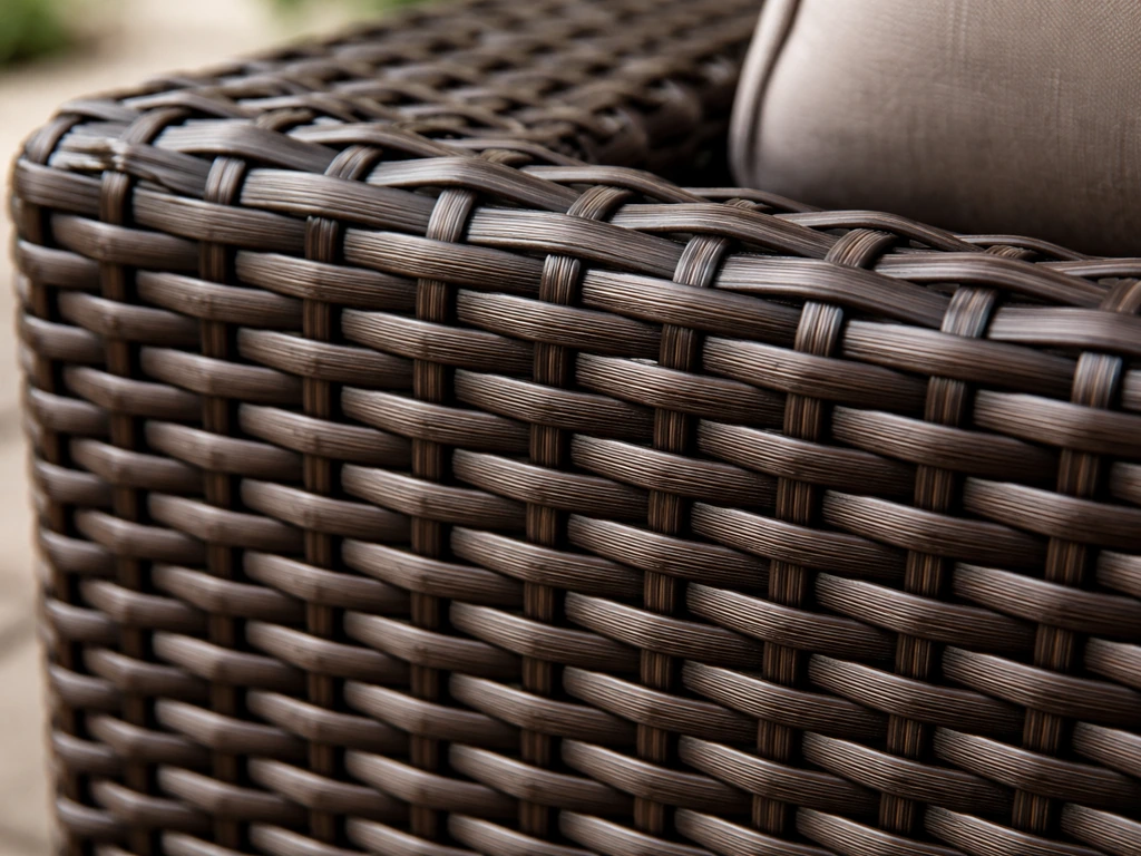 Close-up of dark PE resin wicker weave with a small blurred cushion fabric edge, emphasizing synthetic all-weather textu