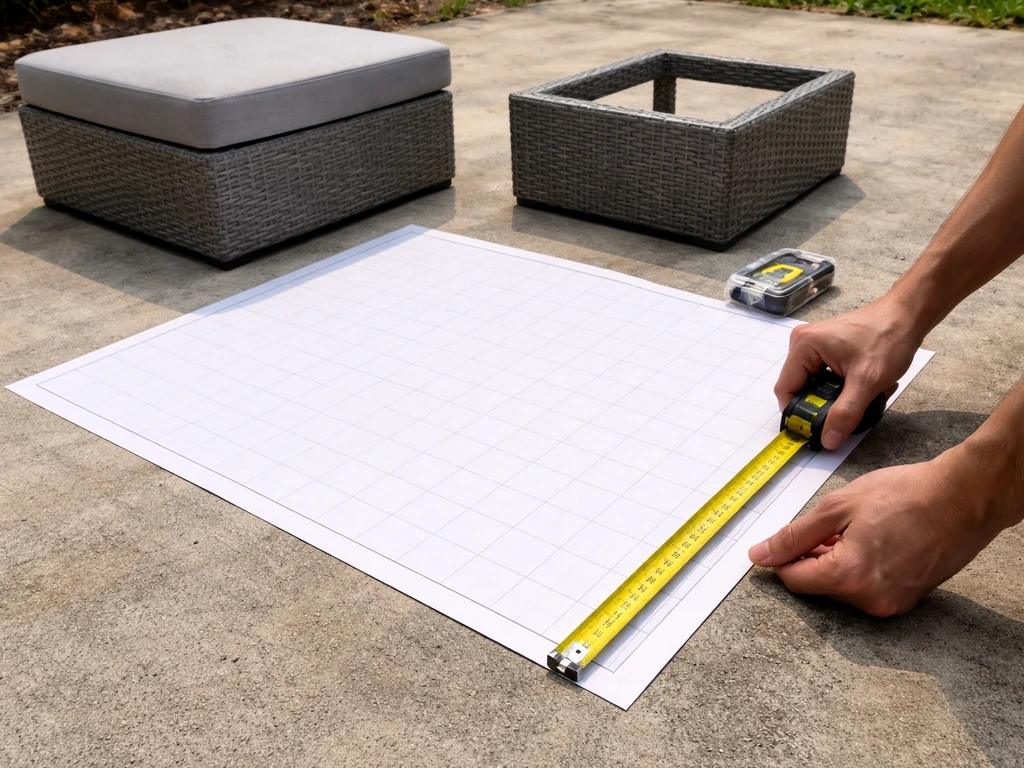 Hands measuring patio space on a simple grid plan with a measuring tape for clearance checks.