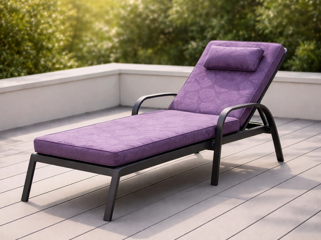 Assembled purple outdoor patio chaise lounge on a clean patio in natural light