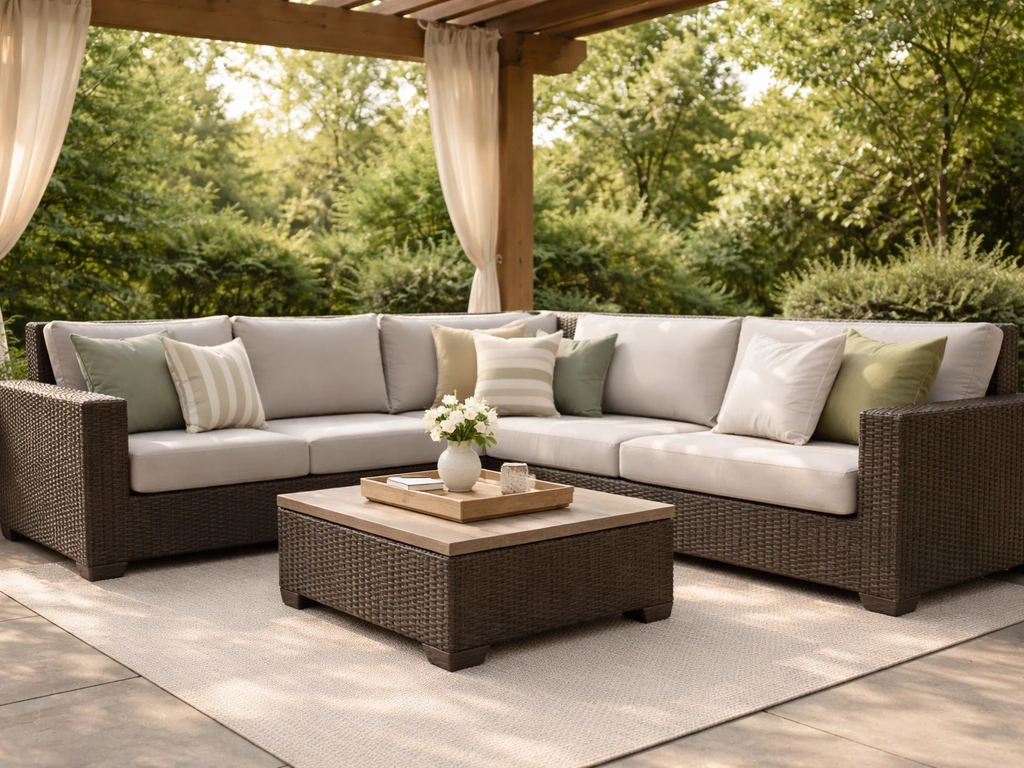 Comfortable contemporary patio sectional with PE wicker and cushions on a covered pergola patio