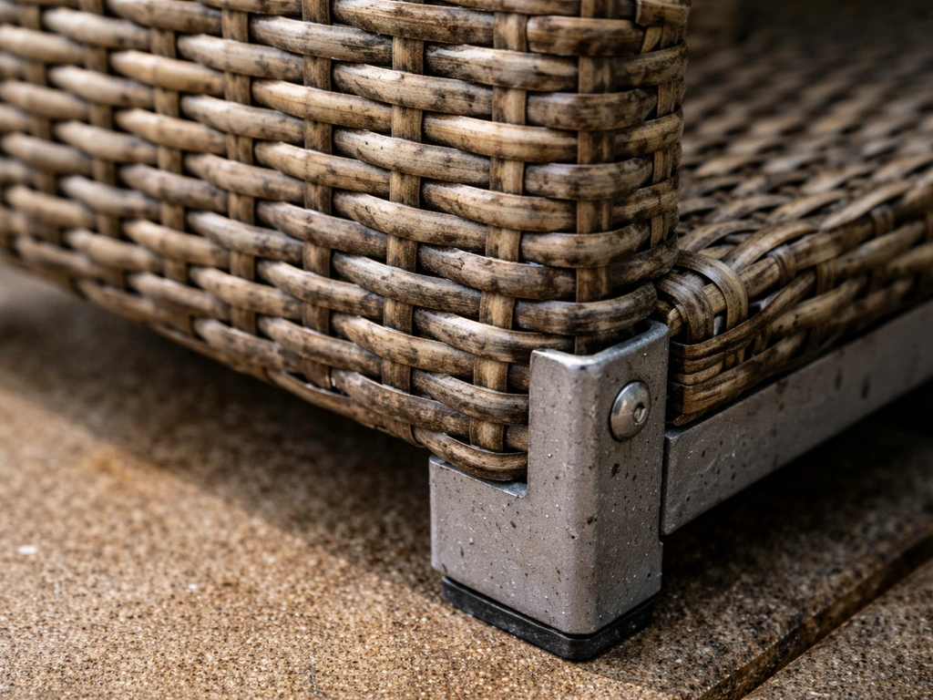 Close-up of weathered PE wicker over a metal frame joint, showing UV fade and moisture exposure.