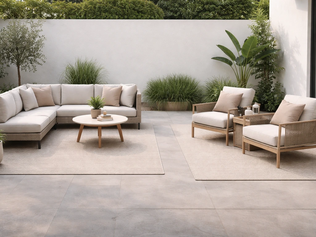 Minimal patio with two distinct contemporary seating layouts showing clear spacing between pieces.