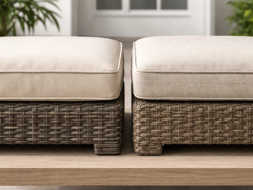 Side-by-side closeups of PE wicker cushion quality and an alternative fabric weave on a simple patio table.