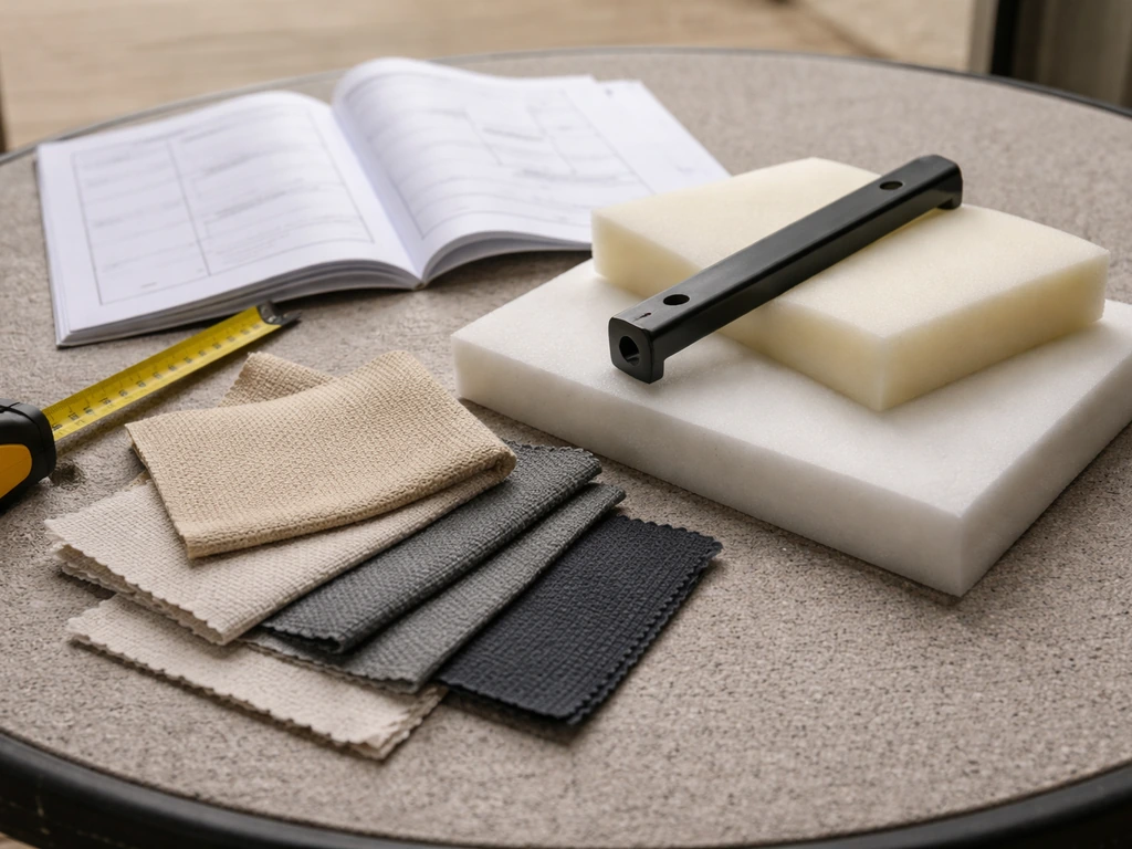 Measuring tape, wicker materials, and cushion fabric swatches on a patio table for a pre-purchase checklist.