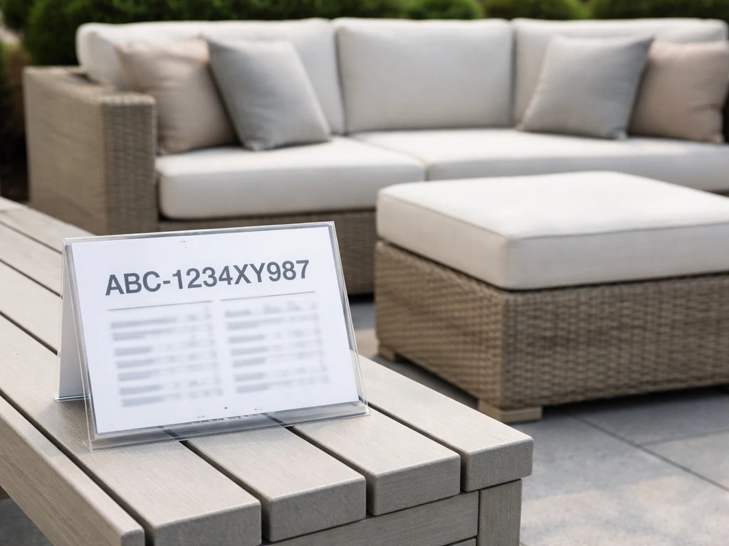 Outdoor patio scene with a furniture label near coordinating sectional and ottoman samples.