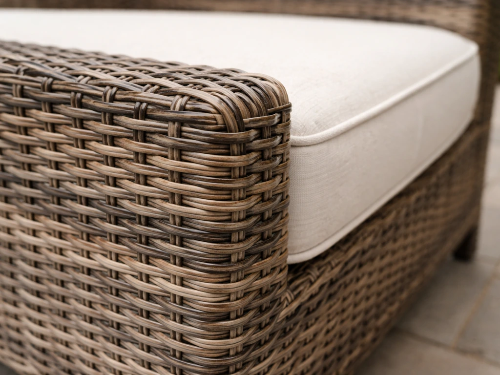 Close-up of a Cambridge multi-tone wicker chair showing woven texture and cushion edge detail