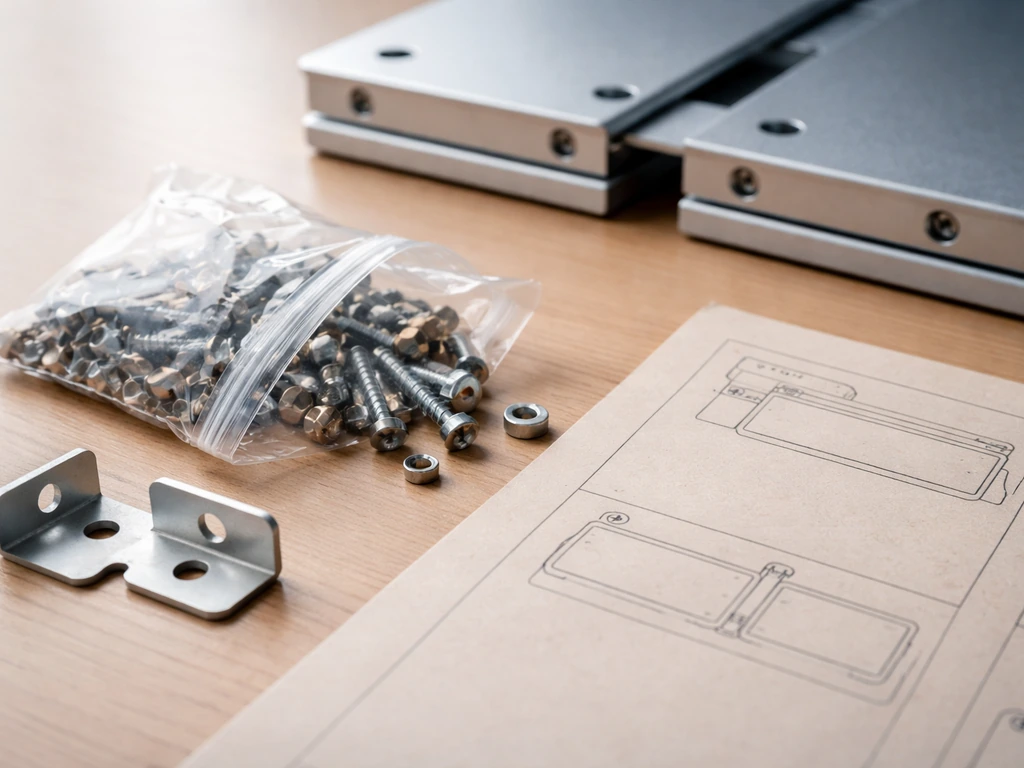 Open box on a table with screws, brackets, and a partially misaligned part showing possible missing hardware.