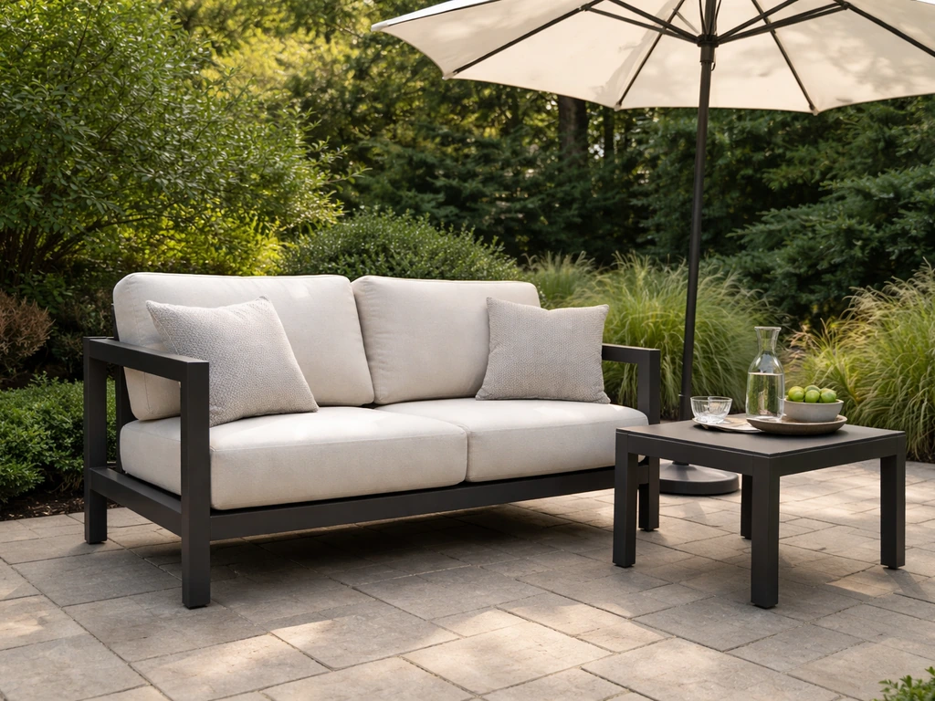 Premium outdoor patio setup with comfortable cushions and durable furniture in warm natural light.