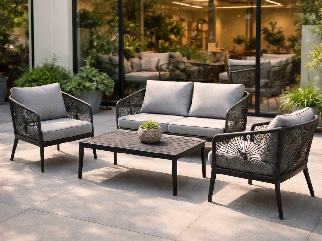 Modern patio furniture set on display outside a storefront showroom, starburst-like design detail.