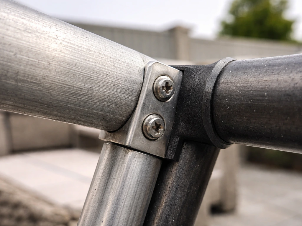 Close-up of aluminum and steel outdoor furniture frame with screws and hinge in natural light.