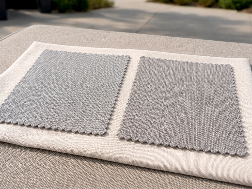 Close-up photo showing two patio cushion fabric swatches with distinct textures and fibers