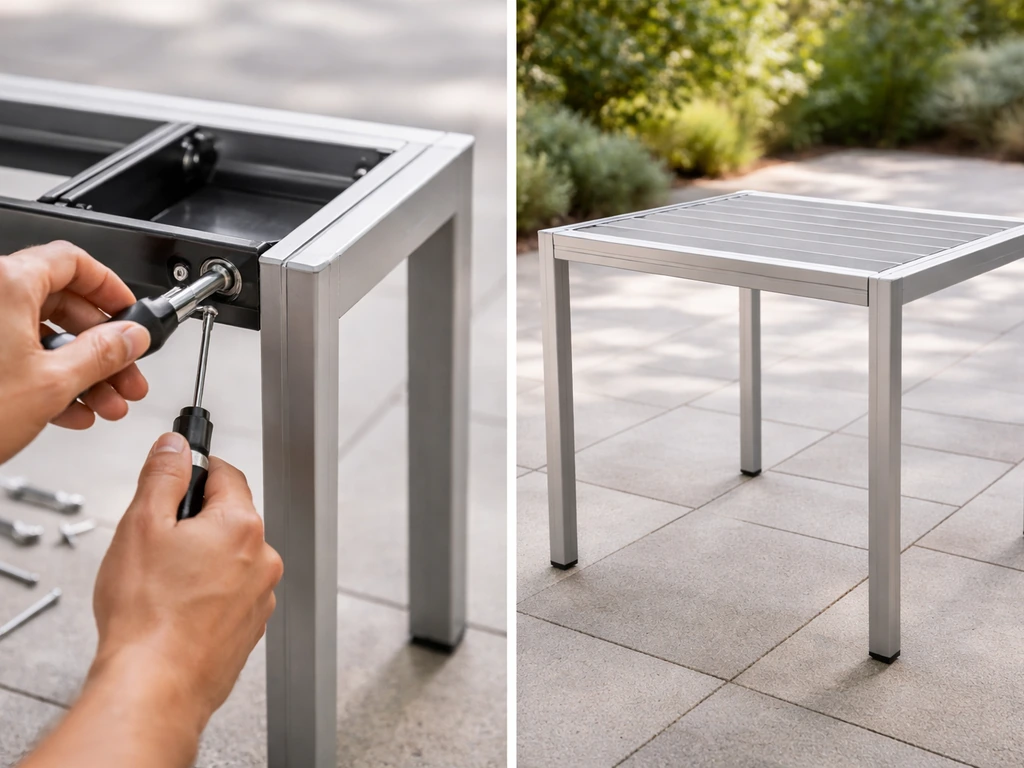 Hands attaching dining set legs to a tabletop outdoors, finished assembled patio table in view