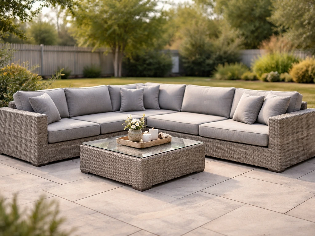 Wide patio view featuring a comfortable outdoor sectional with durable cushions and a calm backyard backdrop.