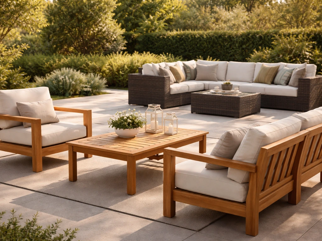 Sunny patio with Grade-A teak seating and an all-weather wicker sectional with cushions.