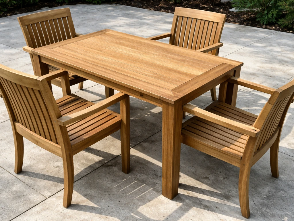 Outdoor photo of a teak dining table with four armchairs, highlighting teak grain and joinery.