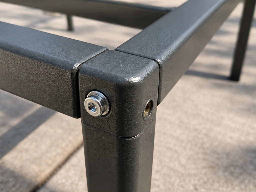 Close-up of a powder-coated steel patio furniture frame and hardware with a durable finish.