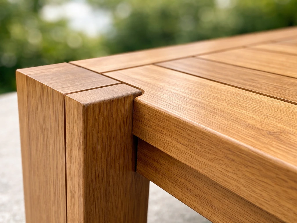 Close-up of grade-A teak slat joinery and glossy oil-rich surface under outdoor light.