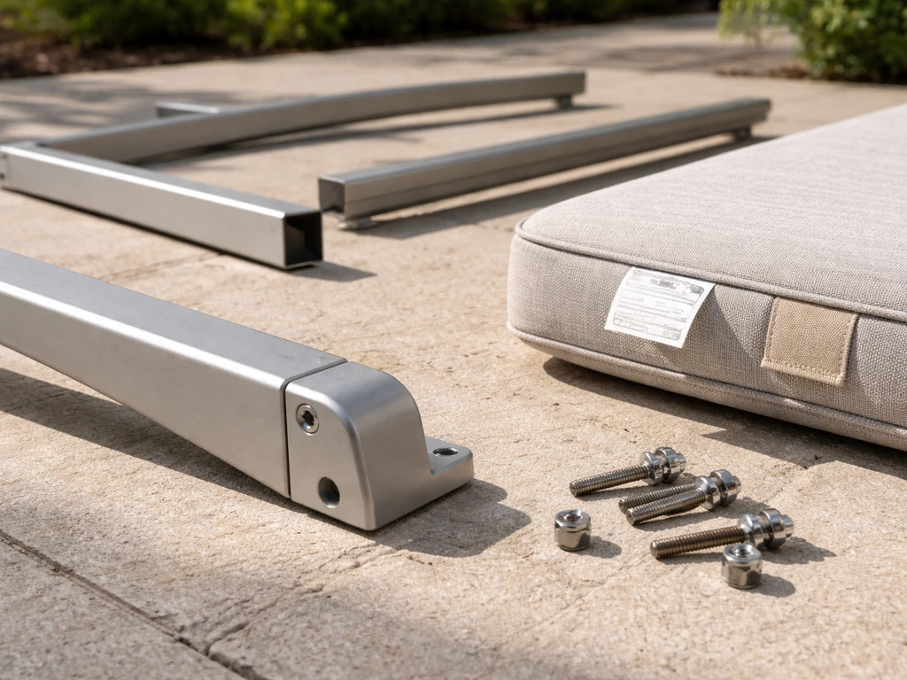 Close-up of patio chair parts laid out for a pre-purchase checklist: frame, fasteners, cushion label.