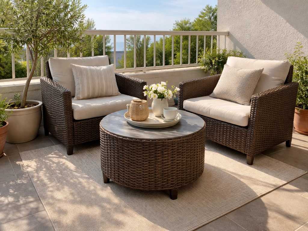 Sunlit balcony patio with a wicker conversation set and cushions arranged around a small table.