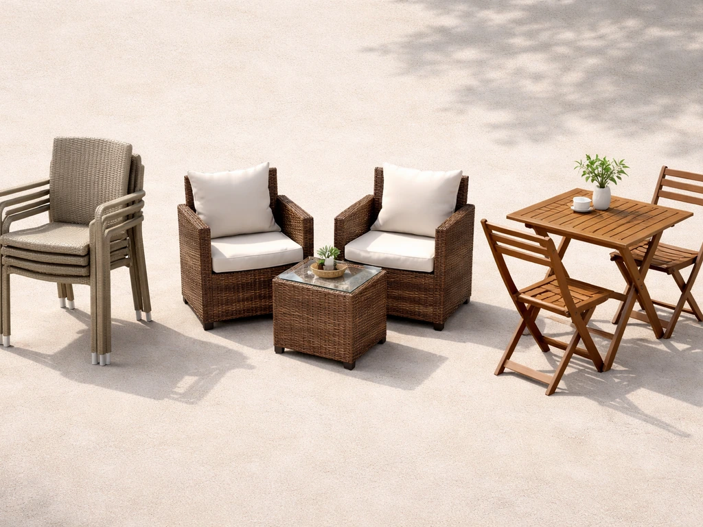Flat-lay of resin chairs, a wicker patio set, and a small wood dining table arranged side by side.