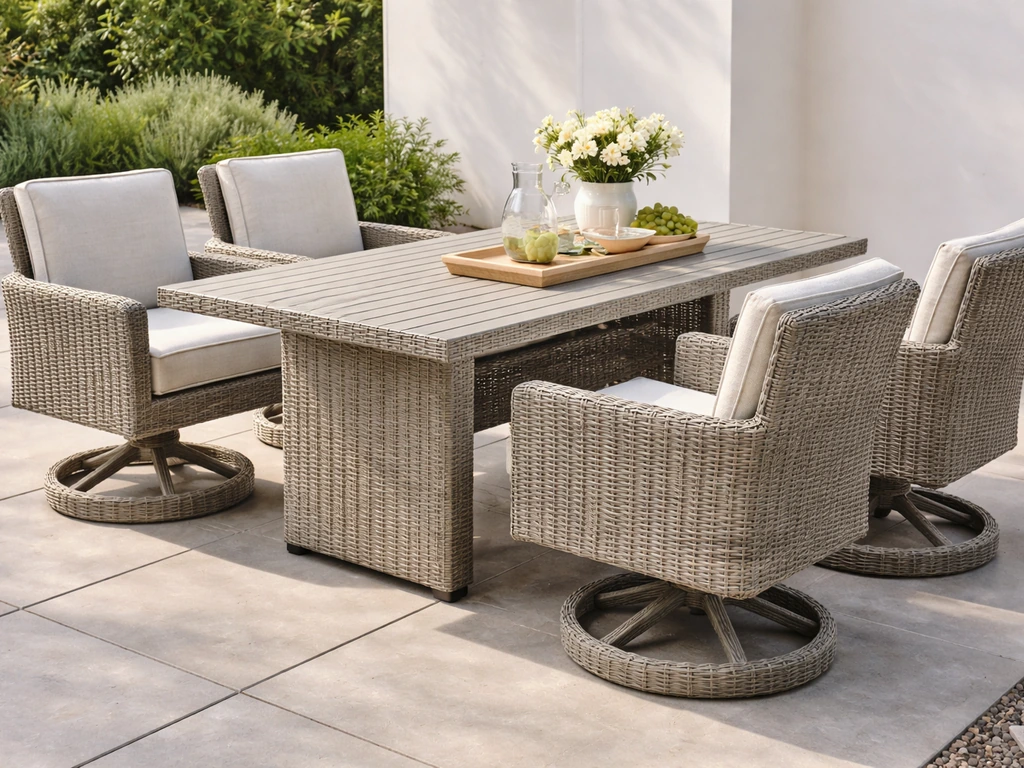 5-piece grey wicker dining set with swivel and stationary chairs around a patio table outdoors.