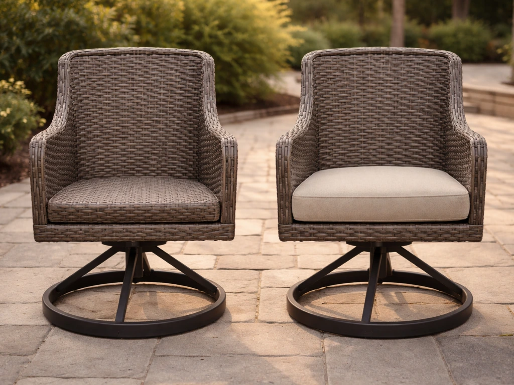 Outdoor resin swivel chair with no cushion beside a cushioned seat showing comfort contrast